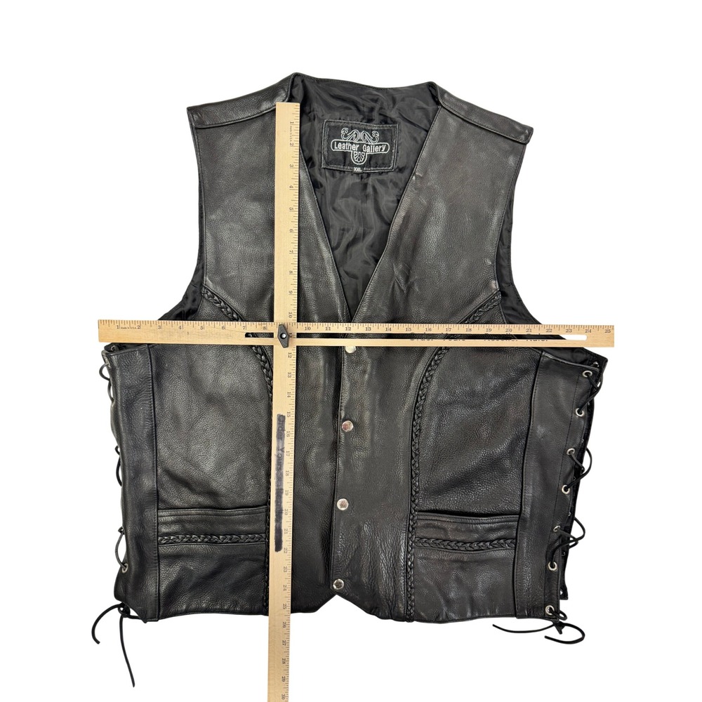 Leather Gallery Mens Black Biker Vest Braided Trim Side Lace Leather XXL - Picture 3 of 4